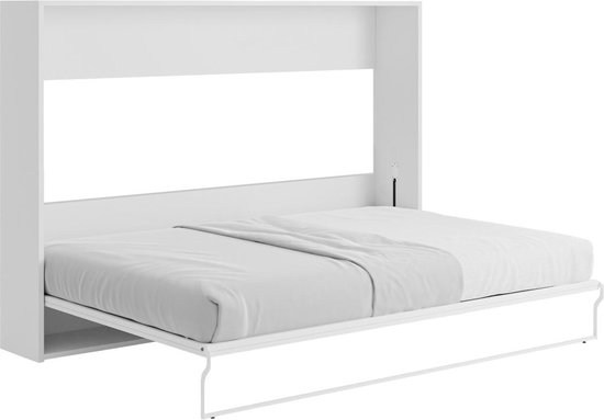 Opklapbaar bed 140 x 200 cm - Horizontale handmatige opening - Wit en grijs - MALINA II L 208 cm x H 154 cm x D 159 cm