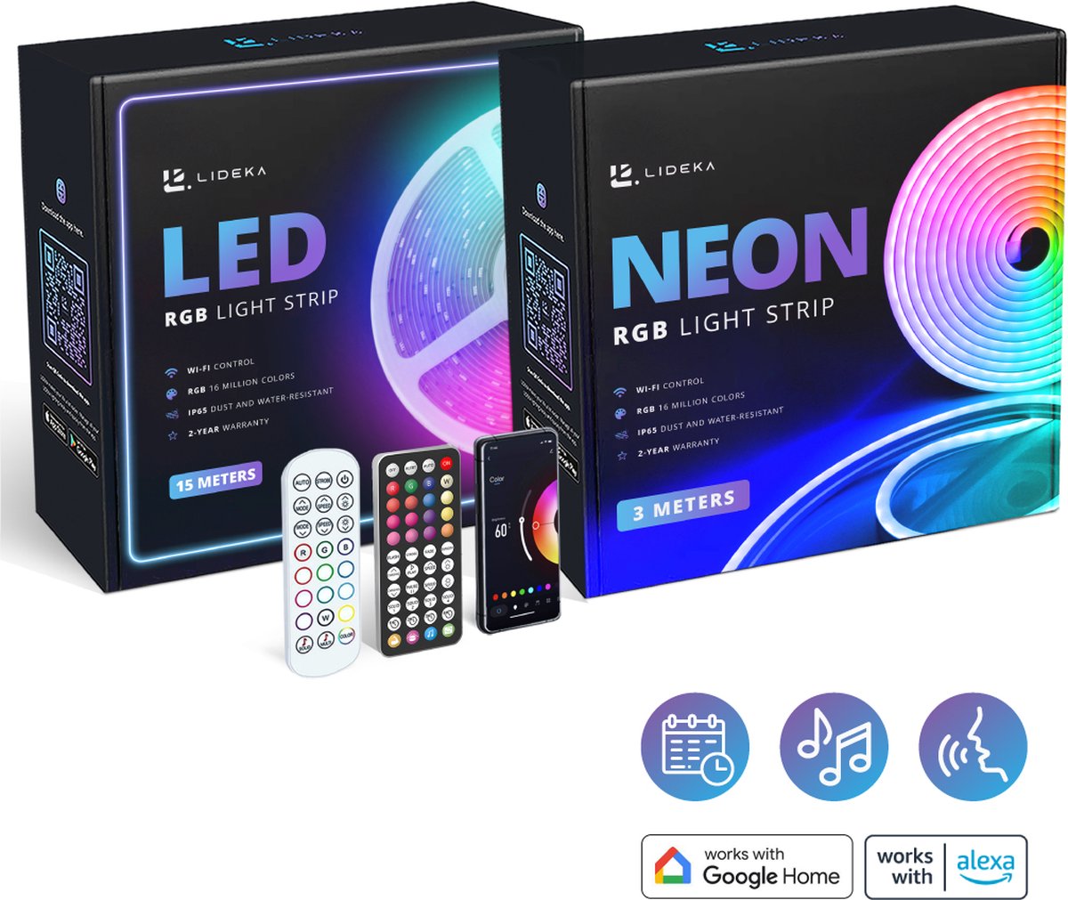 Lideka® LED strip NEON RGB 3m + RGB 15m - IP68 Voor Buiten - Zelfklevend met afstandsbediening En App - Smart LED Strip - Compatible met Google Home, Amazon Alexa En Siri