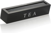 Theedoos met 6 vakken voor maximaal 90 theezakjes - zwarte houten opbergdoos voor thee - theezakjesdoos met kijkvenster - theedoos - theeopslag (pak van 01 - 43 x 9 x 8,7 cm, zwart)