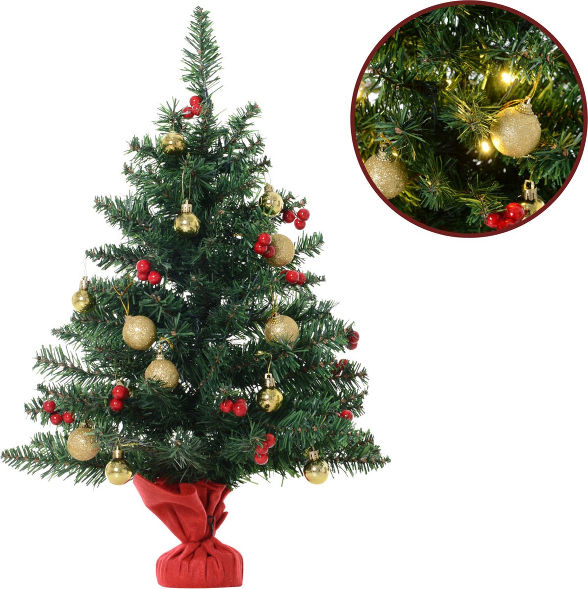 ChristmasGoodz - Kunstkerstboom - Kunstkerstboom met verlichting - 15 Led - Kerstballen - 60 cm - Kerstboom met versiering