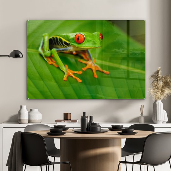MuchoWow® Peinture sur verre 90x60 cm - Peinture sur verre acrylique - Grenouille - Feuille - Reptile - Photo sur verre - Peintures