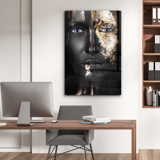 MuchoWow® Tableau sur Verre - Femme - Feuille d'Or - Zwart - Or - Luxe - 80x120 cm - Peintures sur Verre Acrylique - Photo sur Glas