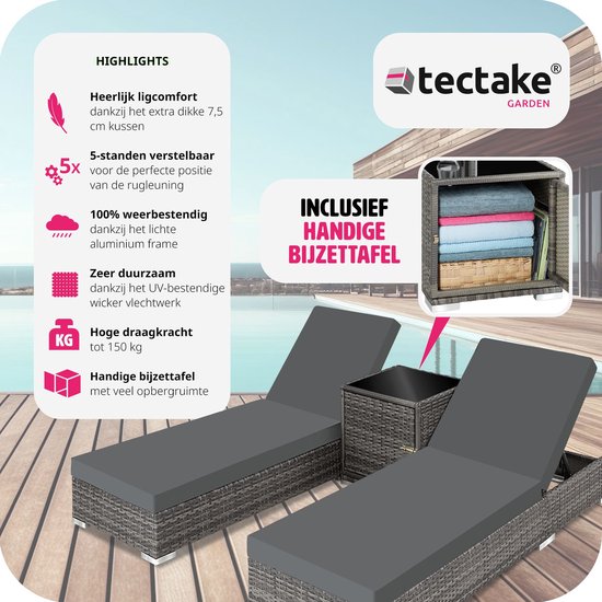 tectake® - 2 luxe wicker ligbedden met tafel - incl. beschermhoes - grijs - ligstoelen - poly-rattan - Tectake