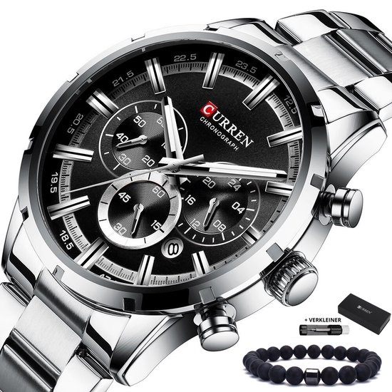Curren - Horloge Heren - Cadeau voor Man - Horloges voor Mannen - 47 mm - Zilver Zwart