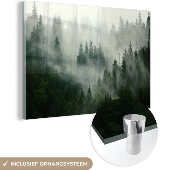 MuchoWow® Glasschilderij 30x20 cm - Schilderij acrylglas - Bos - Mist - Bomen - Natuur - Foto op glas - Schilderijen