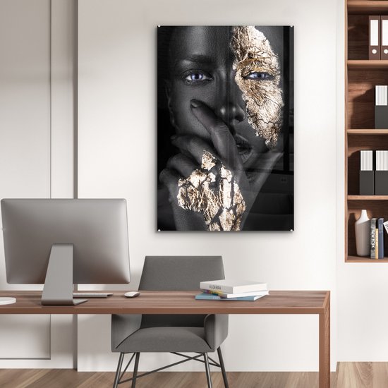 MuchoWow® Peinture sur Verre - Femme - Or - Zwart - Maquillage - Luxe - 80x120 cm - Peintures sur Verre Acrylique - Photo sur Glas