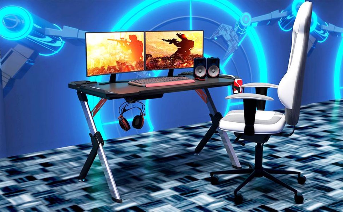 Bureau de Jeu Bureau Gamer LED Ergonomique 120 x 60 x 74 cm Poste de  Travail Informatique PC Table, Noir+Argent