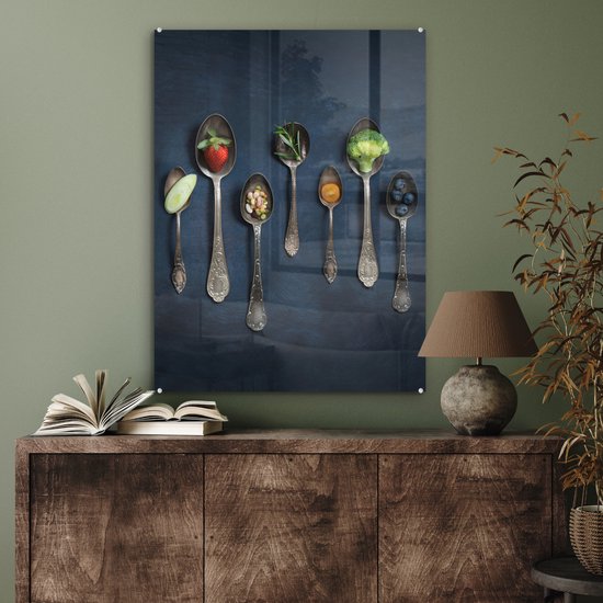MuchoWow® Peinture sur verre 60x80 cm - Peinture sur verre acrylique - Herbes - Cuillère - Argent - Épices - Industriel - Photo sur verre - Peintures