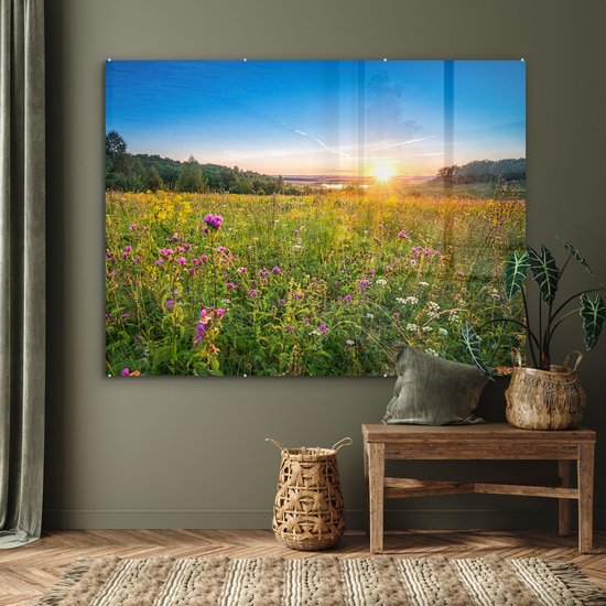 MuchoWow® Peinture sur verre 160x120 cm - Peinture sur verre acrylique - Soleil - Herbe - Fleurs - Photo sur verre - Peintures