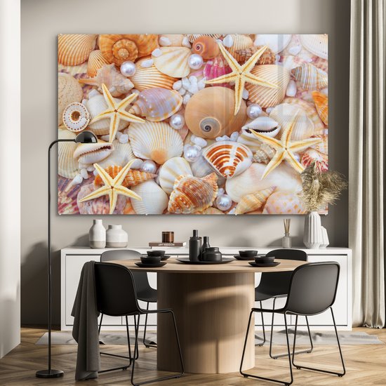 Peinture sur verre - Photo sur verre - Coquillage - Perles - Étoile de mer - Décoration murale - 150x100 cm - Peinture sur verre - Décoration murale - Photo sur verre - Peinture sur verre plage - Verre acrylique