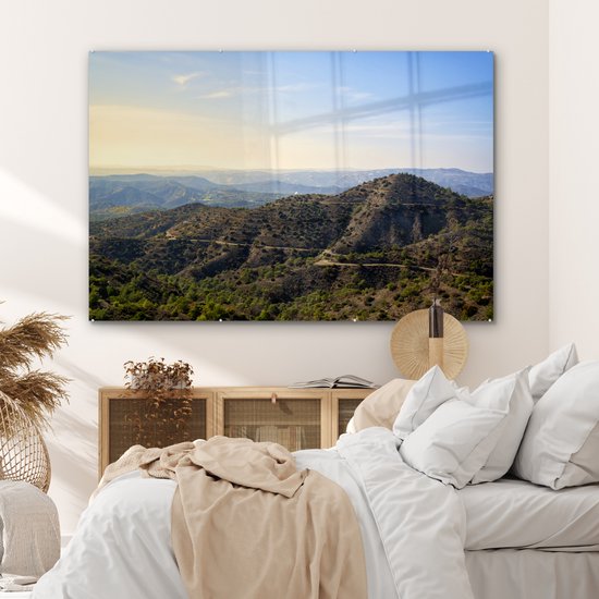 Peinture sur verre MuchoWow® 150x100 cm - Peinture sur verre acrylique - Les montagnes du Trodos à Chypre par une journée ensoleillée - Photo sur verre - Peintures