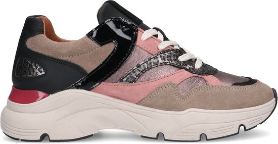 Manfield - Dames - Beige leren sneakers met roze details en print - Maat 37