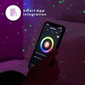 Een hand houdt een smartphone met een app voor galaxy projector. De app toont een kleurencirkel en instellingen. Groene stippen op de muur.