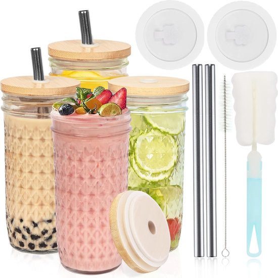 Bubble Tea Beker met Deksel en Rietje, Drinkbeker, 730 ml, Set van 4, Herbruikbare Mason Jars, Cocktailglas, IJskoffiebekers, voor Milkshakes, Smoothies, Bieren