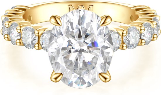 Majestica - 18k Geelgouden Ovaal Moissanite Ring met Zijstenen - 3 karaat.