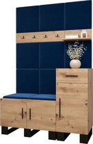 Garderobekast Ganggarderobe Compacte garderobe Vestibule Wandkast Plank Hal & Gang Kast Schoenenkast Gestoffeerde panelen en met een kussen - (BxHxD): 126x196x45,6 cm - ERNETST 5 - Artisan (Blauw (Manila 26))