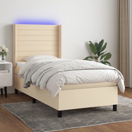 The Living Store Bed met Matras en LED - Crème - 193 x 93 x 118/128 cm - Duurzaam - Hoofdbord - LED-verlichting - Pocketvering Matras - Huidvriendelijk Topmatras - Inclusief Montagehandleiding - USB-aansluiting