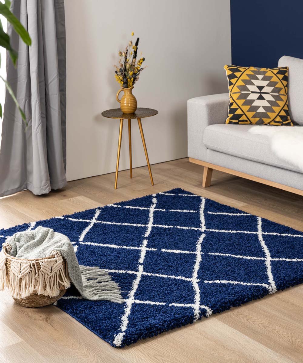 Vierkant hoogpolig vloerkleed ruiten Artisan - marineblauw/wit 140x140 cm