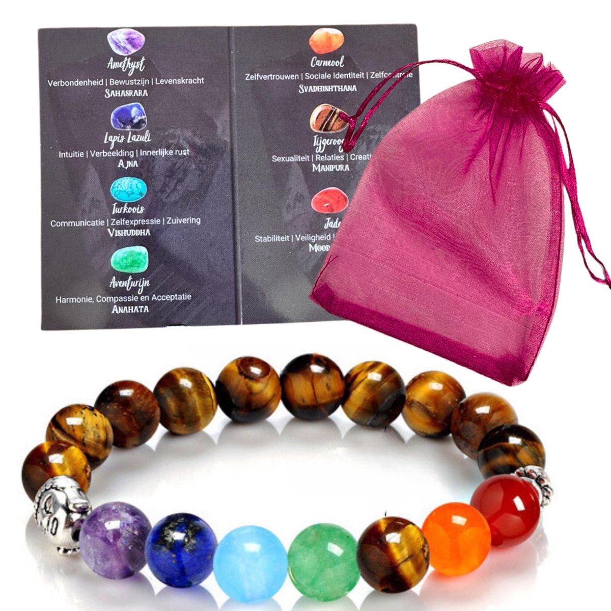 Armbandje Dames met Tijgeroog edelstenen, Boeddha & Chakra stenen - 19CM - Tijgeroog Buddha Armband met Edelstenen