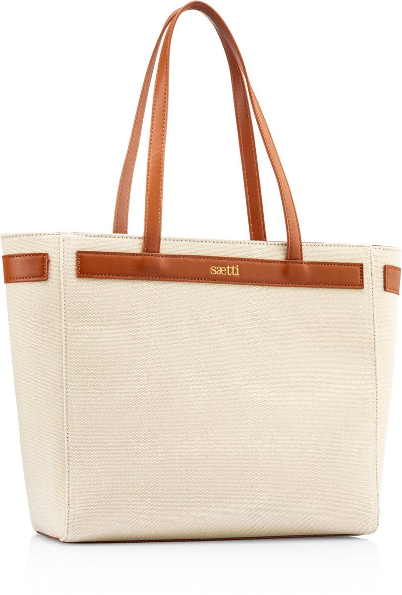 Saetti Tote Bag Shopper Tas - Dames Schoudertas Shopper Reistas - Sterk Canvas Tas met Rits - Beige - Echt Leer