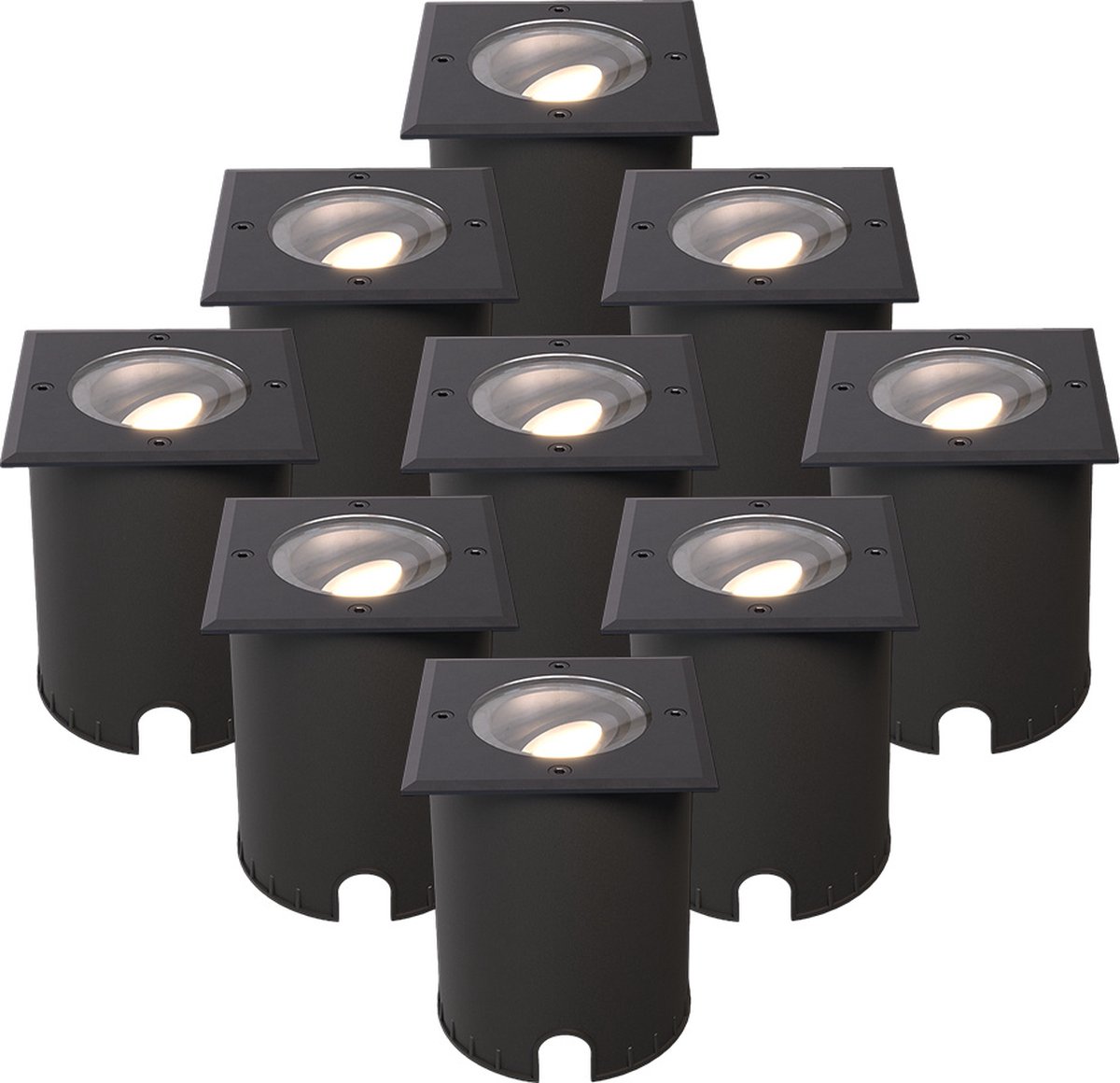 Set van 9 Cody LED Grondspots Zwart - GU10 4,5 Watt 345 lumen dimbaar - 4000K neutraal wit - Kantelbaar - Overrijdbaar - Vierkant - IP67 waterdicht