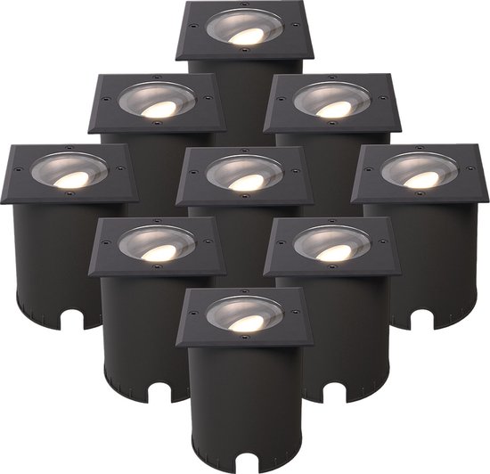 HOFTRONIC Set van 9 Cody LED Grondspots Zwart - GU10 4,5 Watt 345 lumen dimbaar - 4000K neutraal wit - Kantelbaar - Overrijdbaar - Vierkant - IP67 waterdicht