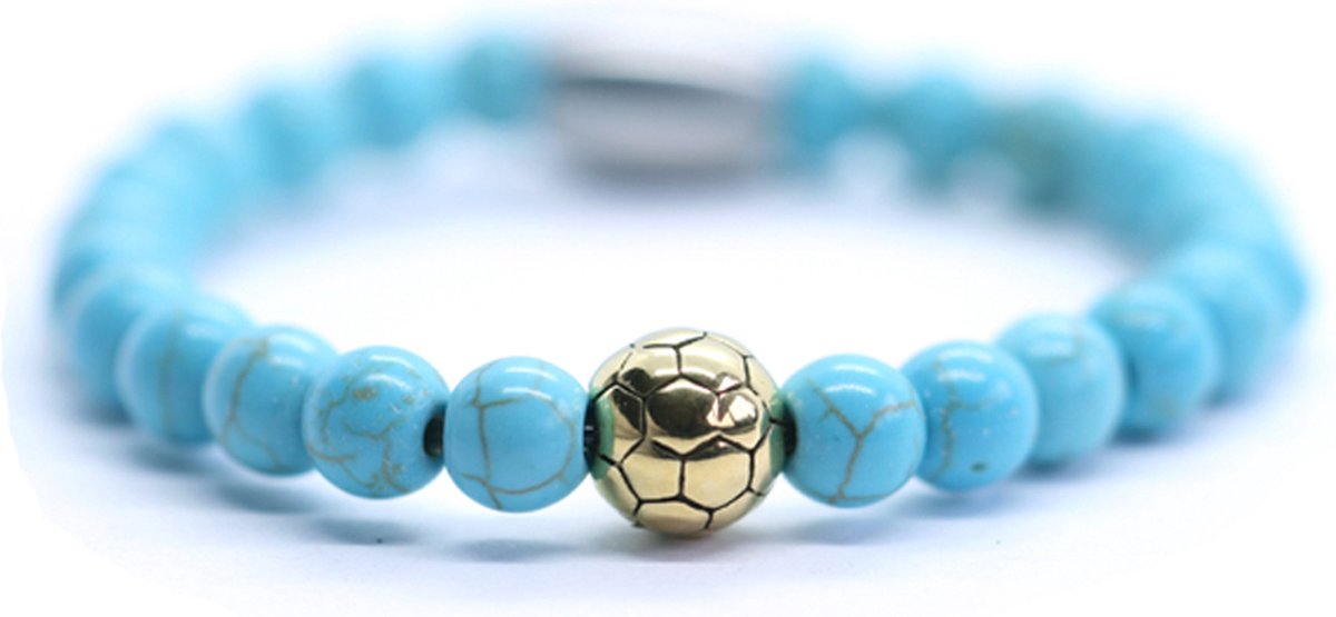 IbizaMen KIDS - Jongens - armband - voetbal - turkoois - RVS - goud - turquoise - 6mm - 16cm