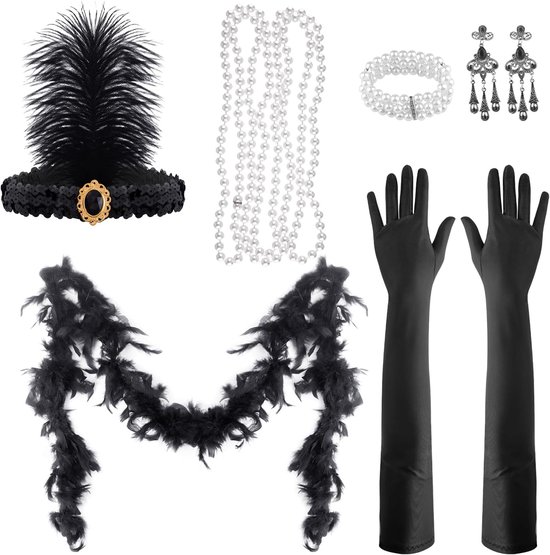 Jaren 20 themaset Great Gatsby-accessoires, voor dames, 9-delig: flapper hoofdband, halsketting, oorbellen, lange zwarte handschoenen, boa