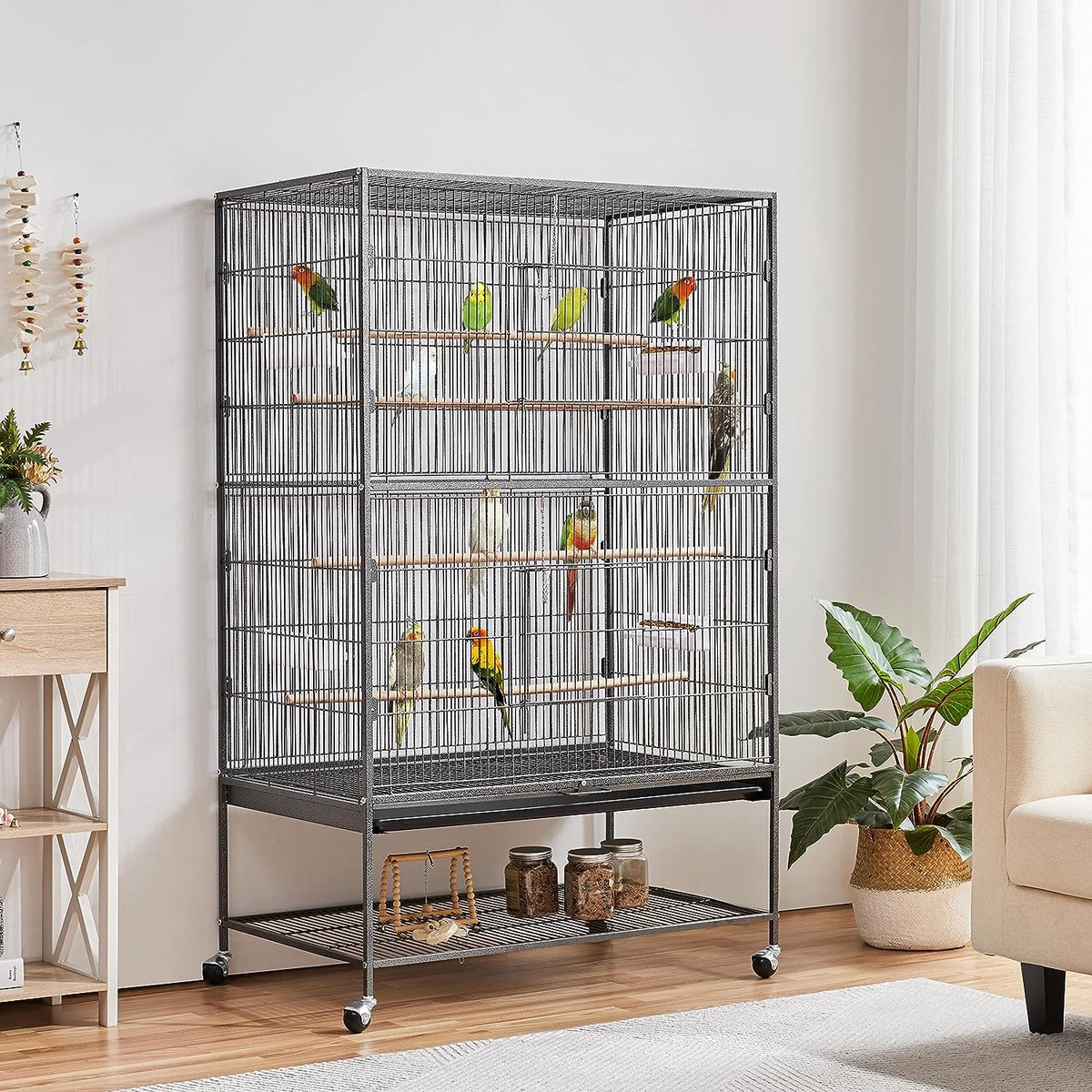 tectake - vogelkooi - volière - met puntdak - 168 cm hoog - op wieltjes