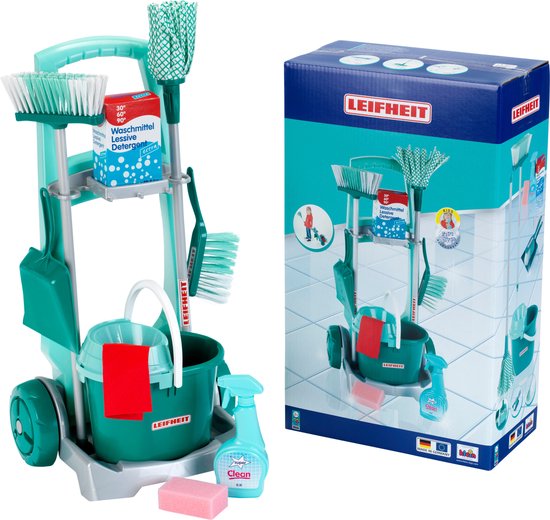 Klein Toys Leifheit speelgoedbezemwagen - dweil, emmer met opzetstuk, bezem, stoffer en blik - incl. schoonmaak accessoires - blauw groen - Klein