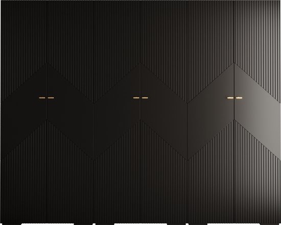Opbergkast Kledingkast met 6 draaideuren Garderobekast slaapkamerkast Kledingstang met planken | Gouden Handgrepen, elegante kledingkast, glamoureuze stijl (LxHxP): 300x237x47 cm - GEMINI 2 (Zwart, 300 cm)