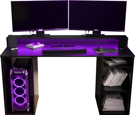 Game Bureau Gaming Desk met LED Verlichting Tafel Computer Bureau - (LxHxP): 50x90x138 cm - SHOT 1 (Zwart + Violette LED)