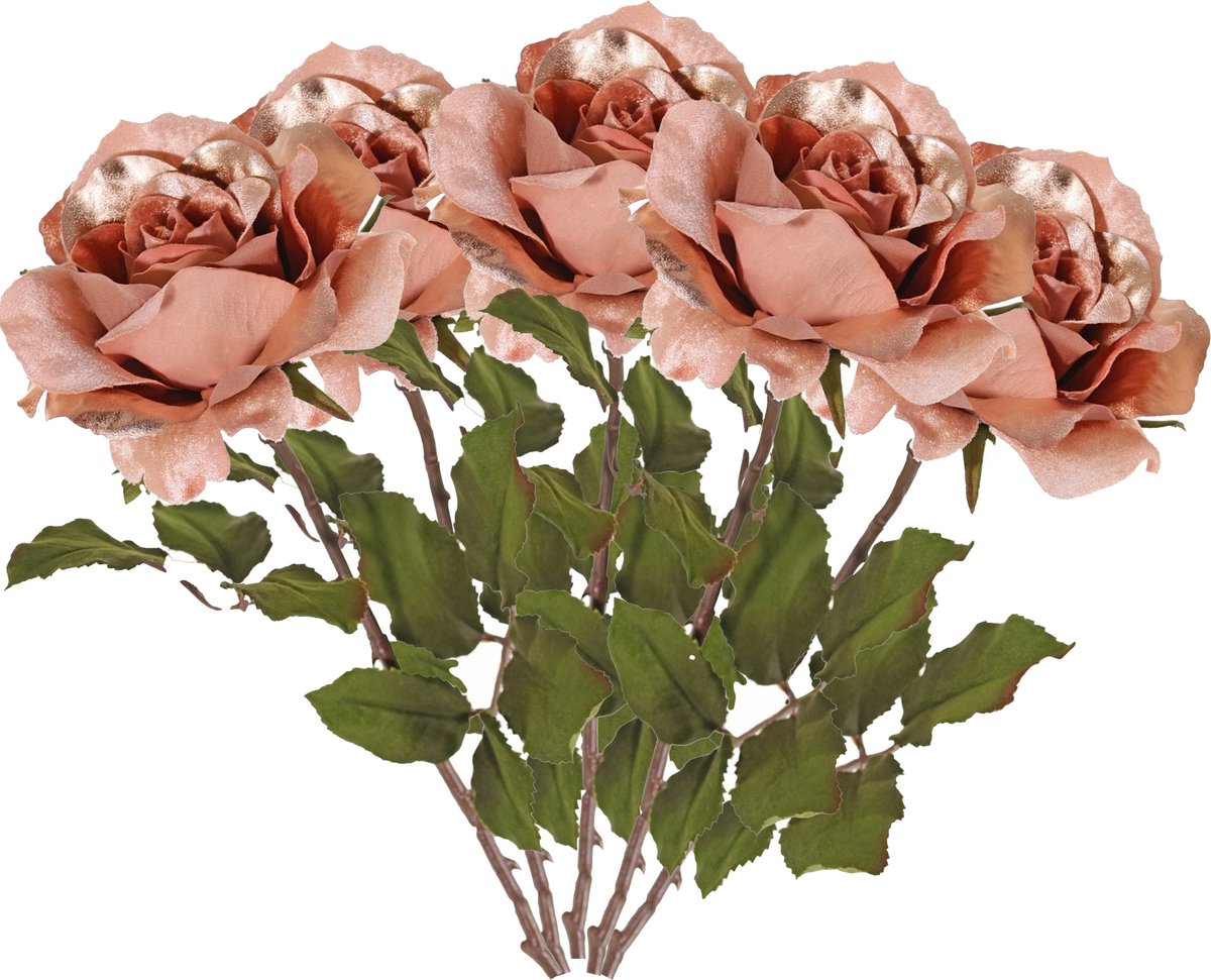 Top Art Kunstbloem roos Glamour - 5x - zalm met goudkleur - satijn - 61 cm - kunststof steel - decoratie bloemen Zalmroze