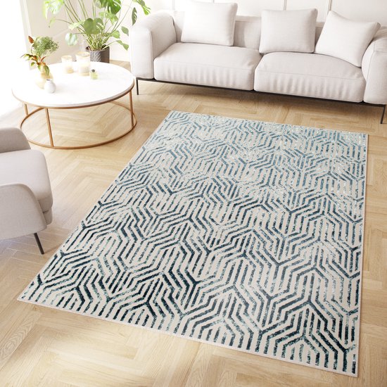 Blauw vloerkleed, reliëf, verenblauw, bedrukt ontwerp, laagpolig tapijt, superzacht, ruig tapijt, woonkamertapijt, gangloper, deurmat, vloermat, 60 x 110 cm