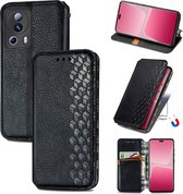 Luxe PU Lederen Ruitpatroon Wallet Case + PMMA Screenprotector voor Xiaomi 13 Lite _ Zwart