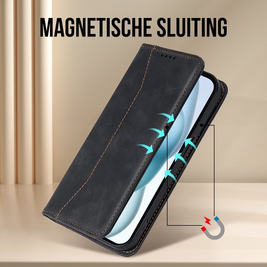 Zwarte walletcase met magnetische sluiting, getoond met magnetische aantrekking.