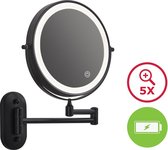 Badkamer Make Up Spiegel Rond 5x Vergroting - Ingebouwde Batterij - LED Verlichting - Badkamerspiegel Muurbevestiging - Douche - Zwart