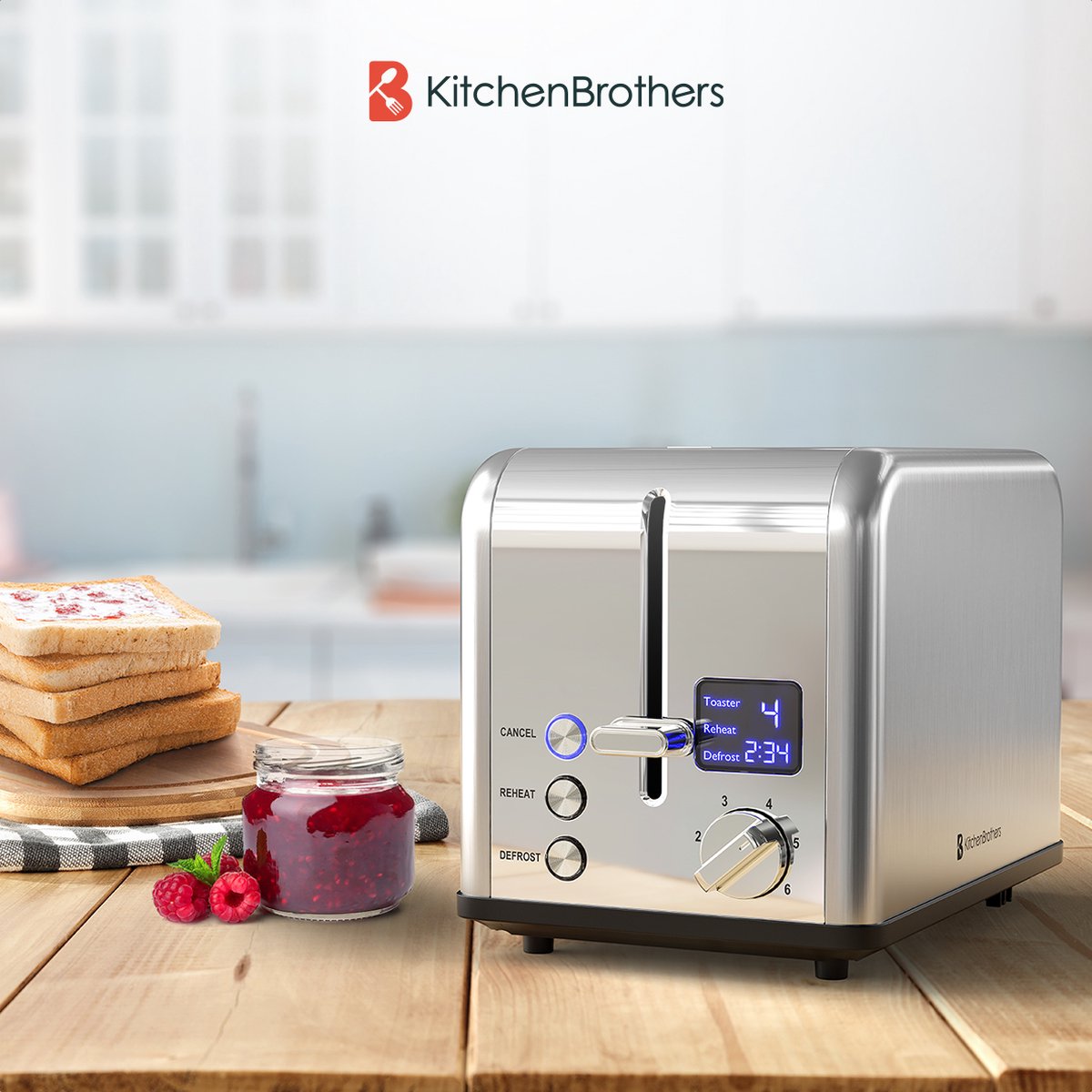 KitchenBrothers Broodrooster - Toaster - 6 Warmteniveaus - 2 Extra Brede Sleuven - BPA-vrij - 815W - RVS/Zilver thumbnail 6