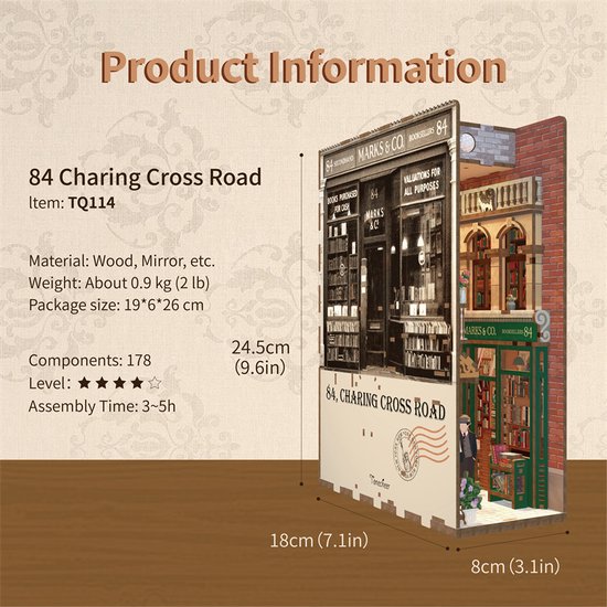 Tonecheer Book Nook: 84 Charing Cross Road | Houten 3D-puzzel | Verlicht | Sensor | DIY-miniatuurhuis | TQ114 - TONECHEER