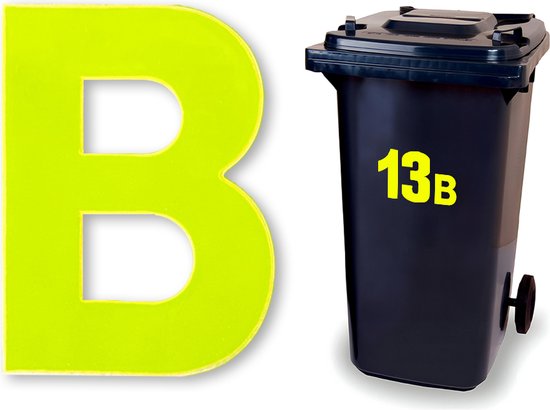 Grote gele letter B naast een zwarte vuilnisbak met '13B' in gele cijfers.