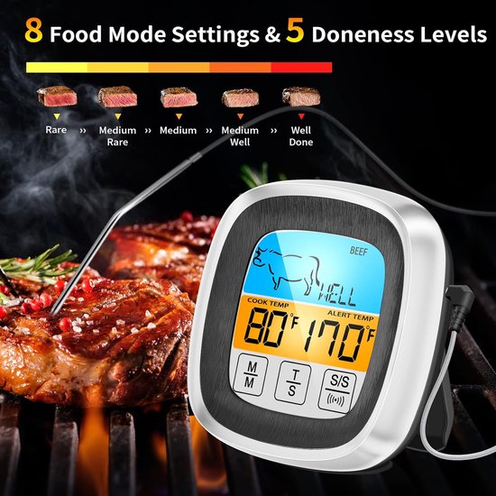 BBQ thermometer-vleesthermometers-Digitale bbq thermometer-oventhermometer-vleesthermometer-oventhermometer-Thermometer Draadloos - Keukenthermometer - Bluetooth met app - 4 Sondes - Magneet - woonlevenplus
