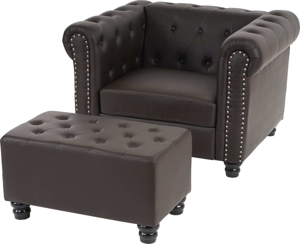 Cosmo Casa Luxe fauteuil lounge stoel ontspanningsstoel Chesterfield kunstleer - Ronde poten - Bruin met voetenbank