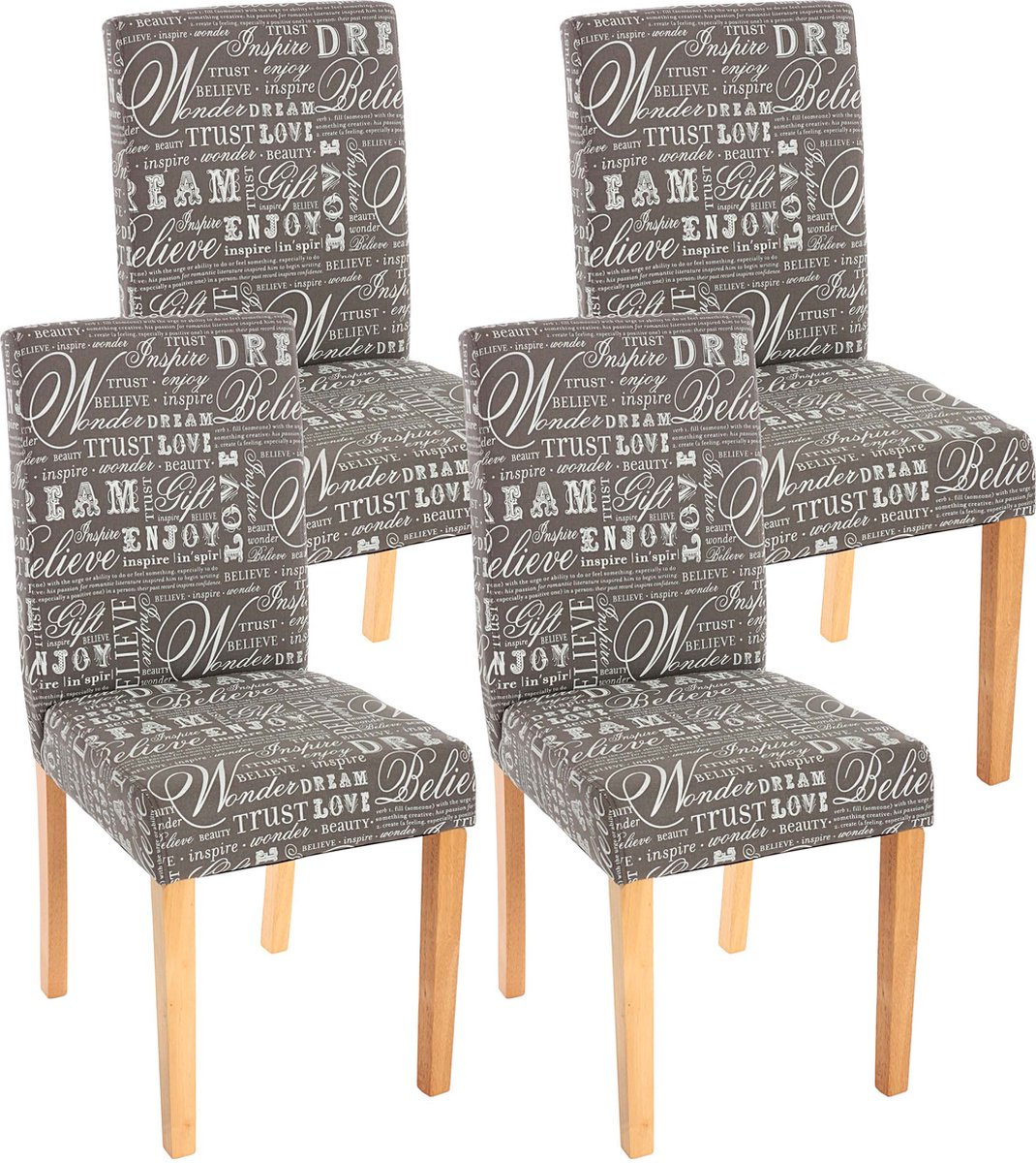 Cosmo Casa Set van 4 eetkamerstoelen keukenstoelen Littau - Textiel met opschrift - Grijs - Lichte poten