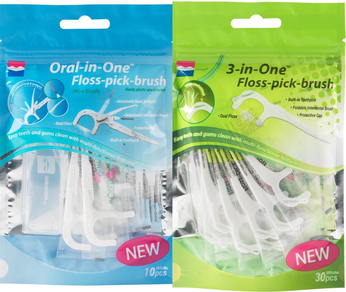 FlossPickBrush Voordeelset 4x OralinOne (zakje 10st) + 6x 3in