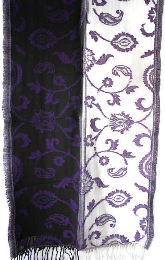 Wollen sjaal met ingeweven patroon - zwart - paars - wit - 50 x 180 cm