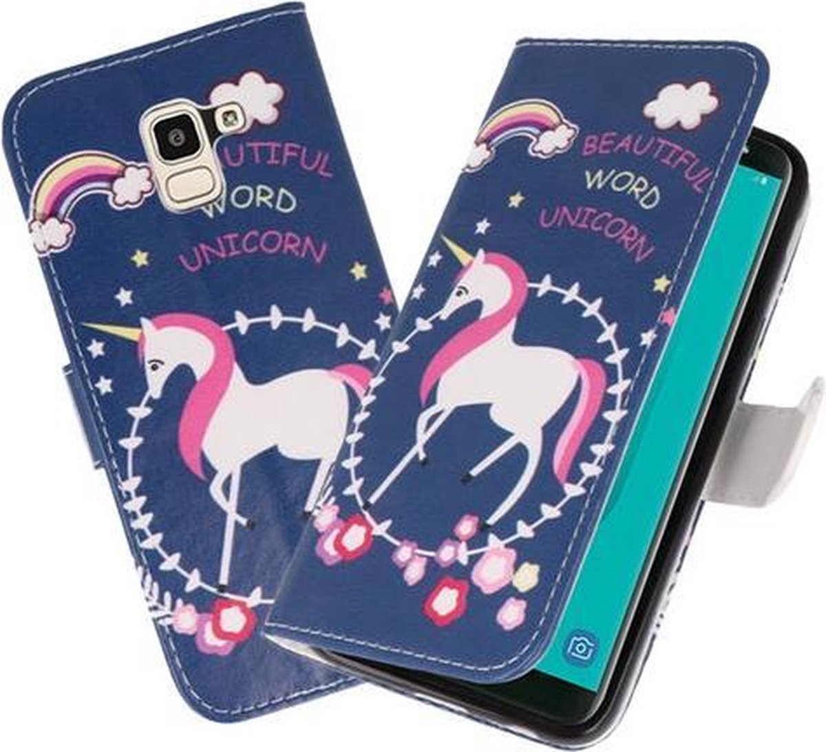 Blauw Unicorn booktype wallet case Hoesje voor Samsung Galaxy J8