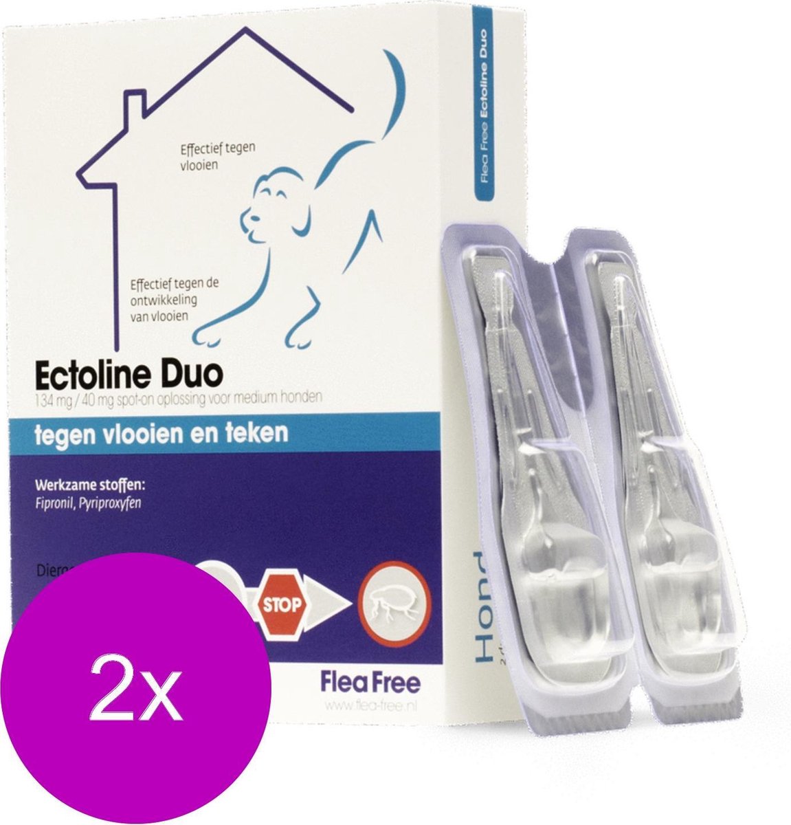 Flea Free Ectoline Duo Hond - Anti vlooien en tekenmiddel - 2 x 2 pip 10-20kg