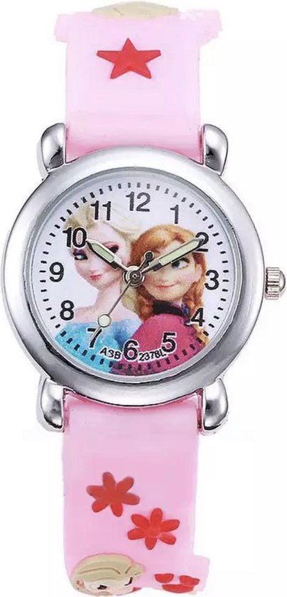 Meisjes horloge roze met Frozen afbeelding Elsa en Anna bol