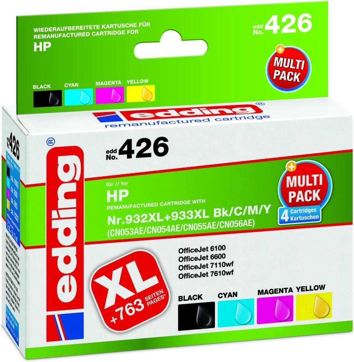 Edding Inktcartridge vervangt HP 932XL, 933XL Compatibel Combipack Zwart, Cyaan, Magenta, Geel 18-426