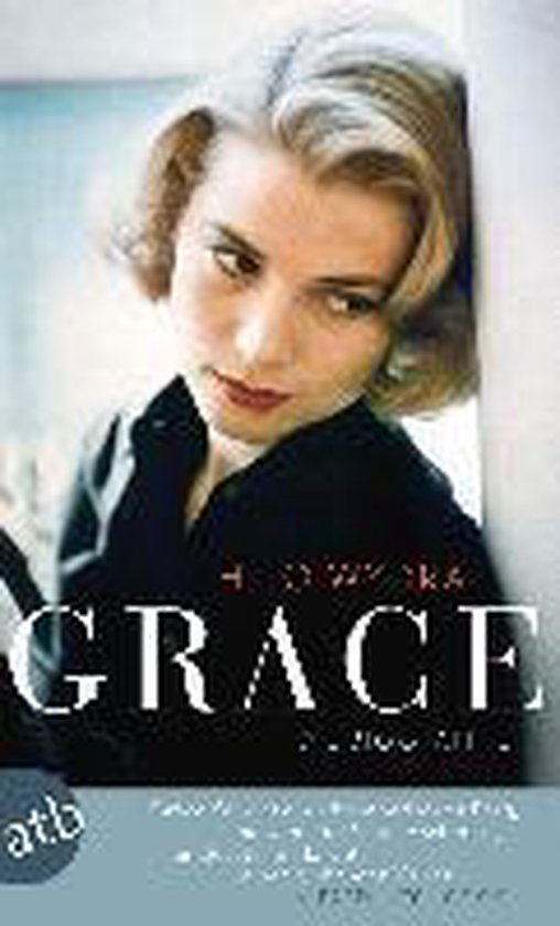 Boekomslag met portret van Grace Kelly met donkere blouse. Tekst: GRACE.